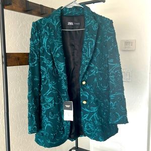 ZARA Embroidered Deep Teal Blazer